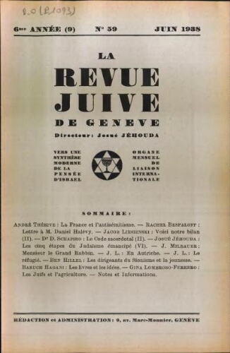 La Revue Juive de Genève. Vol. 6 n° 9 fasc. 59 (juin 1938)